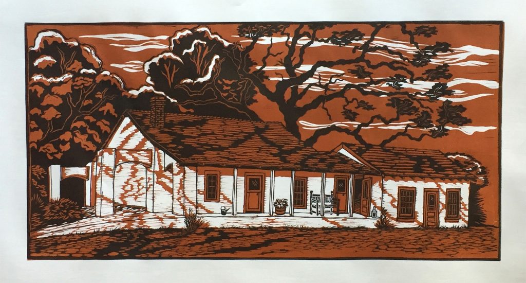 2 color linocut, black and rust, of Alviso Adobe in pleasanton california