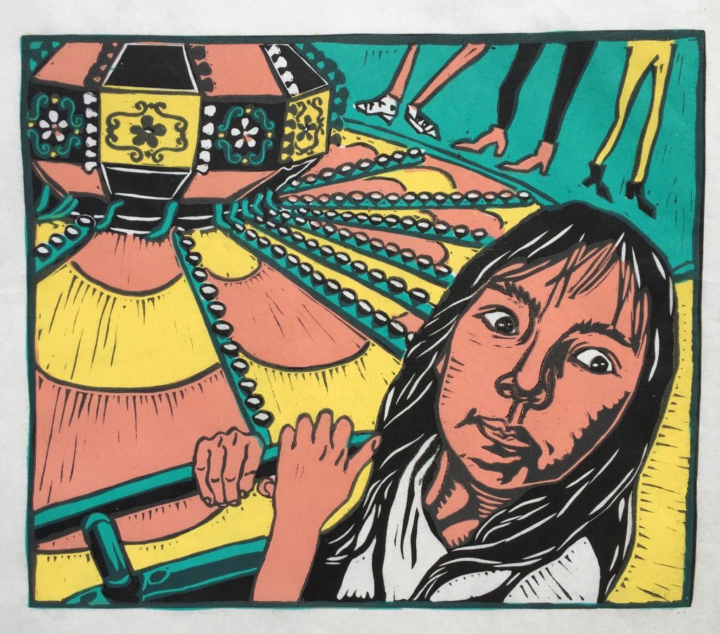 4 color linocut of young girl on a spinning carnival ride