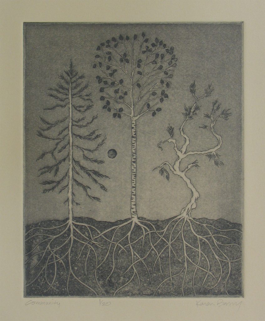 etching and aquatint of 3 stylized trees with exposed roots and dark moon in sky
