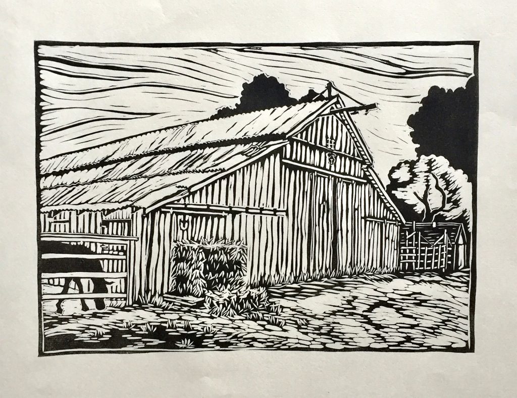 linocut of Hagemann barn in Livermore California