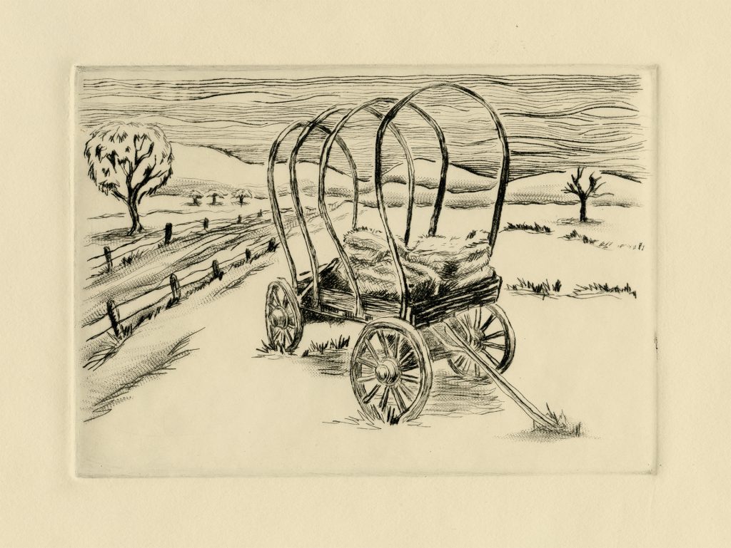 drypoint of old haywagon in field with dirt road in livermore california