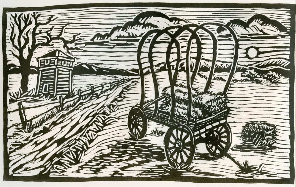 linocut of old haywagon in livermore california