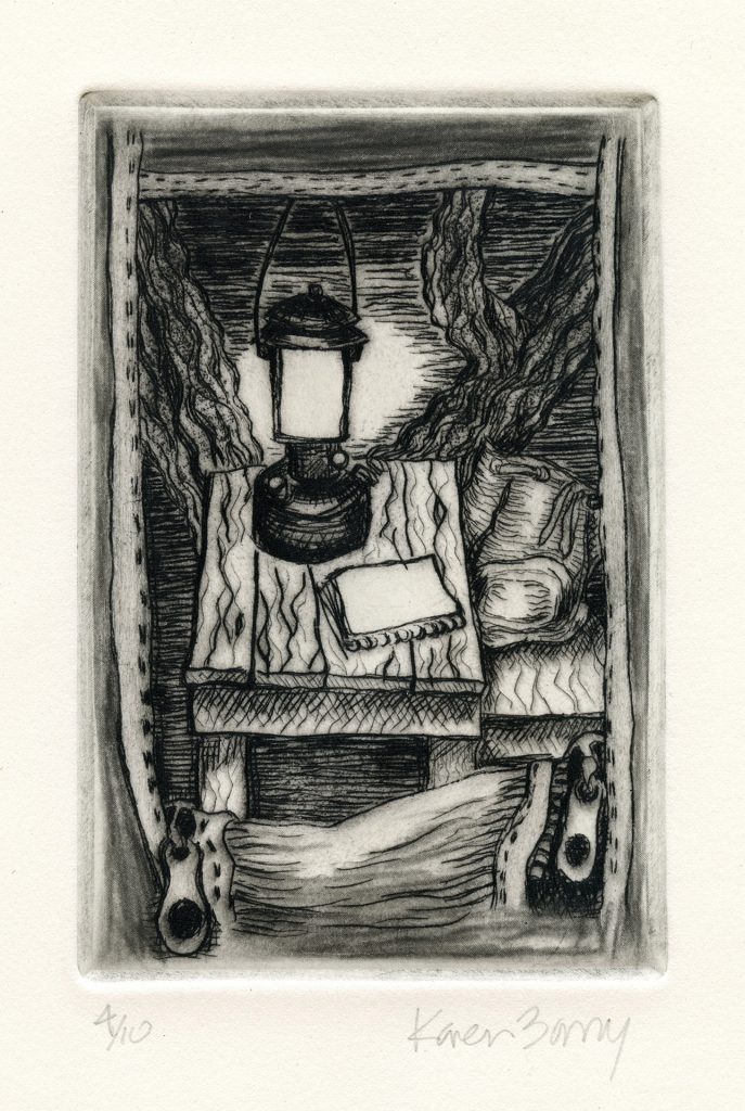 drypoint print looking out a tent window at lantern on wooden table with notebook and backpack