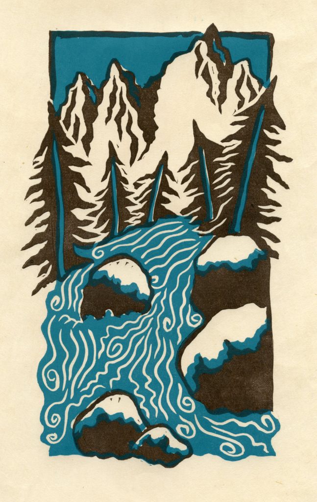 two color linocut print of stylized mount whitney stream with huge boulders and pine trees