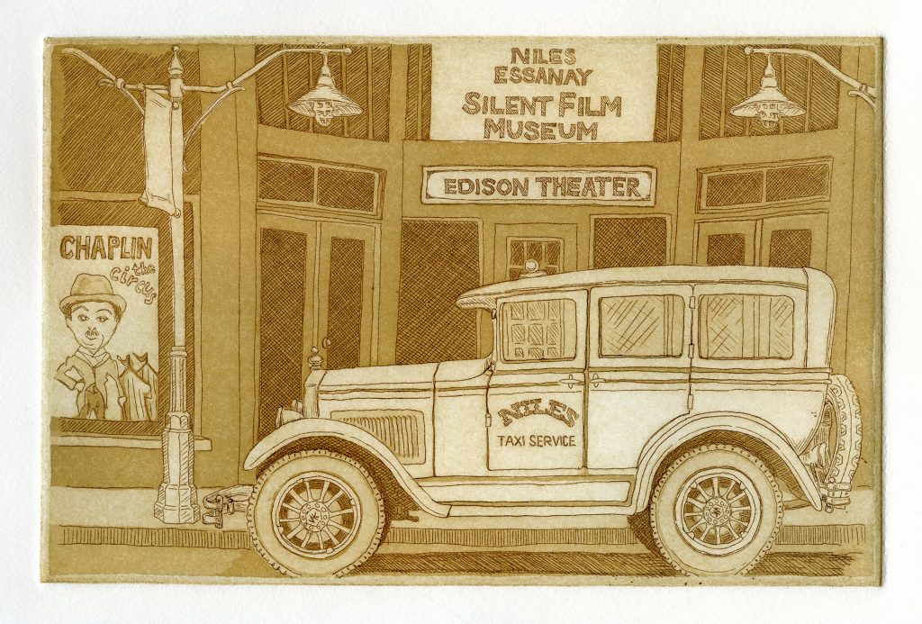 etching and aquatint of old 30s taxi in front of niles essanay silent film museum in niles disctrict of fremont california