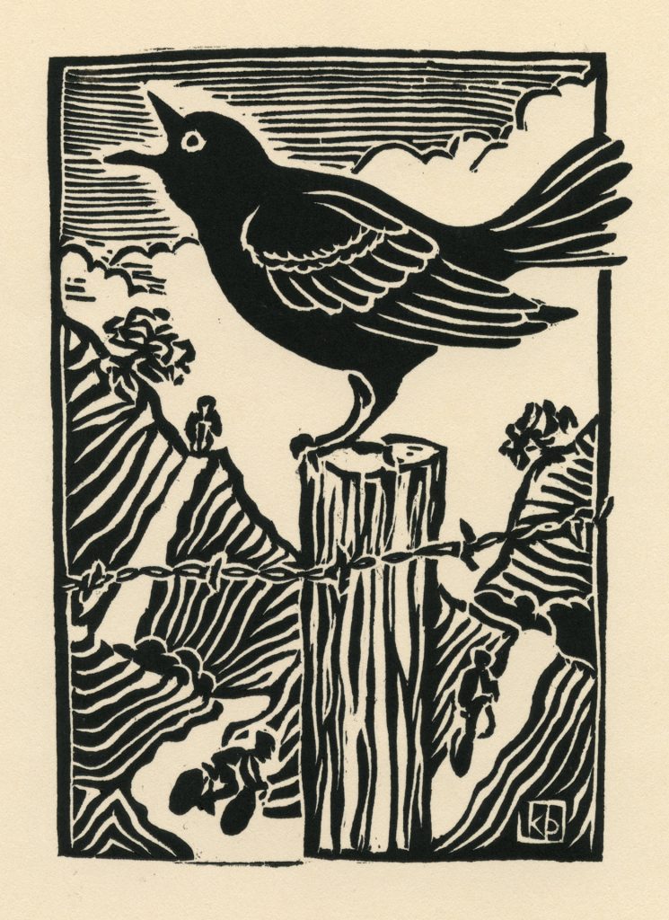 woodcut of black bird on wooden fence post with barb wire and cyclists riding on hills in the background