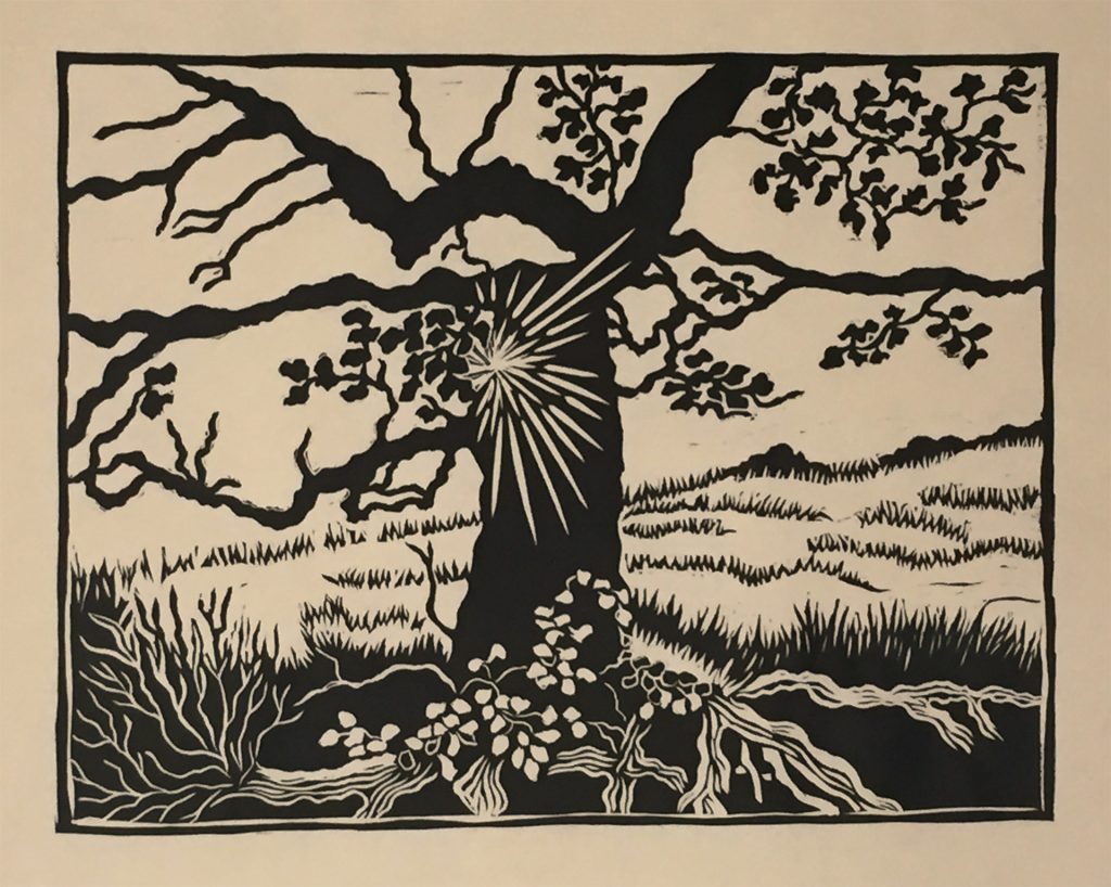 Linocut print of bare tree with sunburst and exposed roots