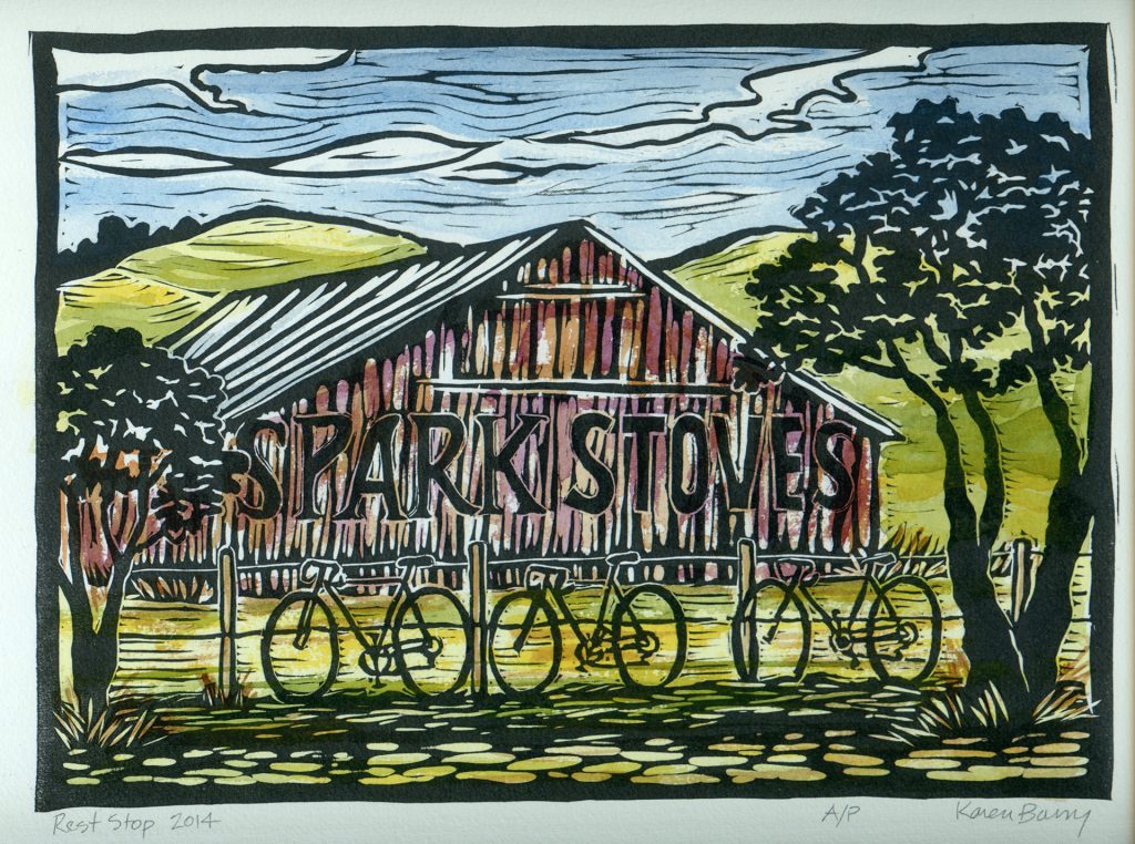 linocut with watercolor of historic Spark Stoves barn, in Castro Valley California