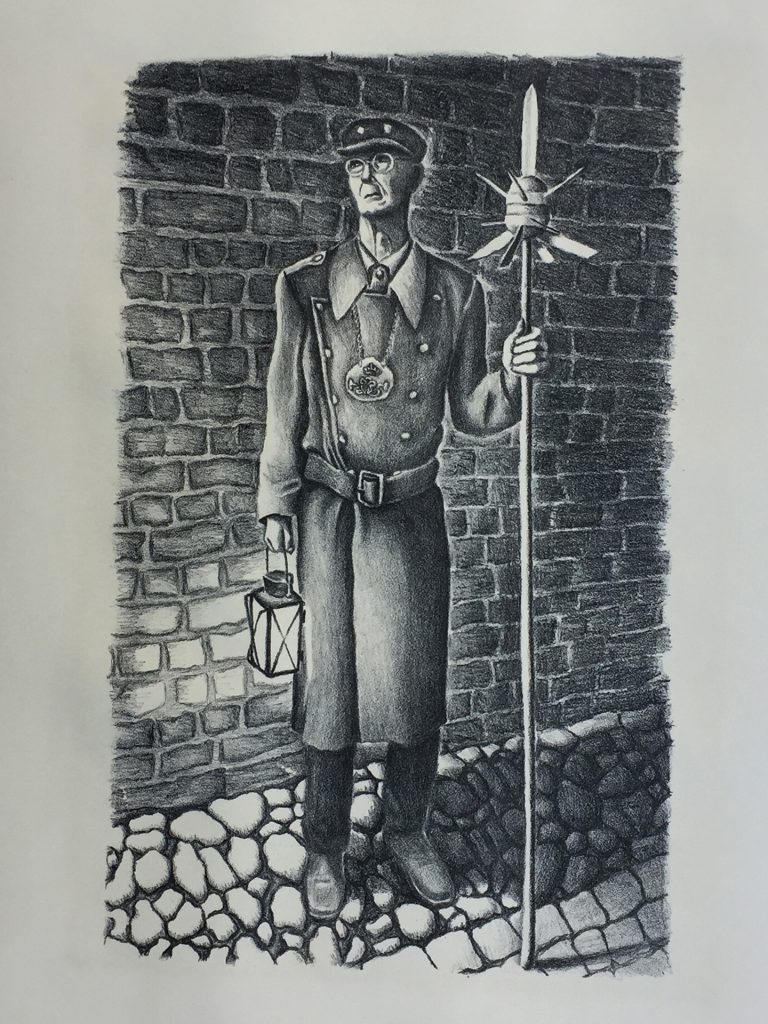 stone lithograph of night watchman in ribe denmark holding lantern and spiked mace weapon morning star