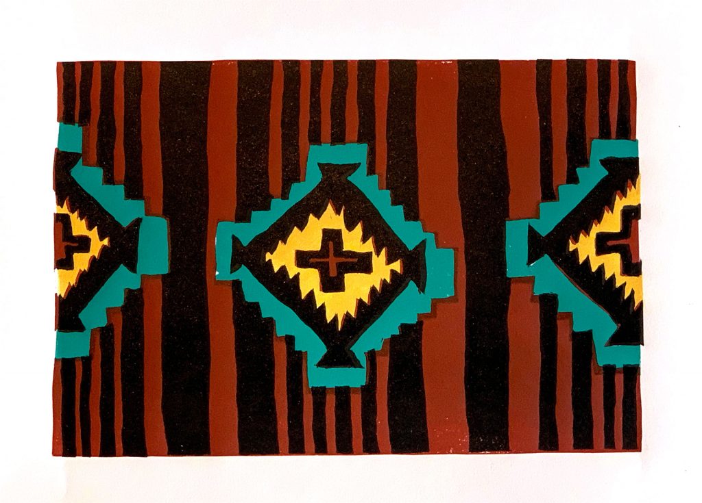 four color linocut of geometric navajo inspired shapes