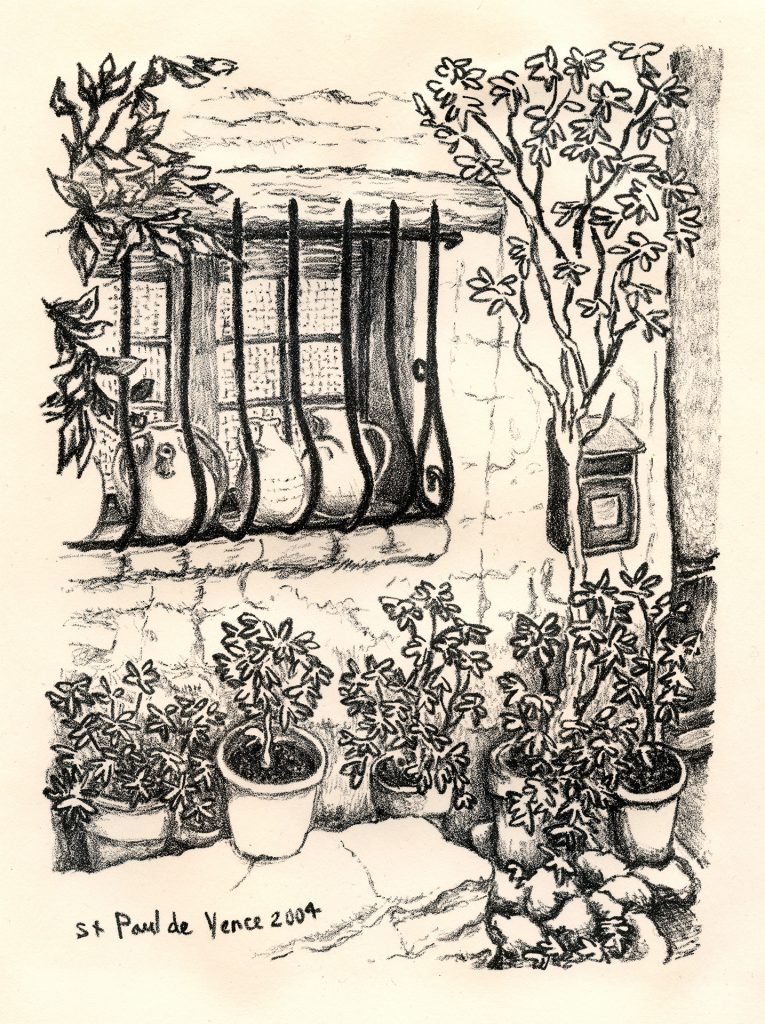 stone lithograph of decorative wrought iron window, stone brick bench with clay pots in st paul de vence france