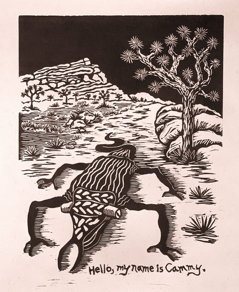 linocut print of stylized lizard in the desert with joshua trees