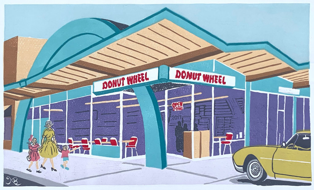 color linocut of donut wheel donut shop in Livermore california