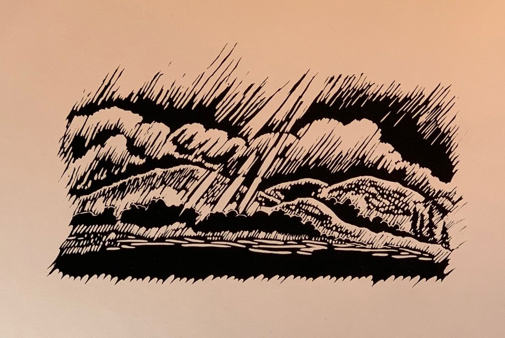linocut print of san francisco east bay hills with with storm clouds