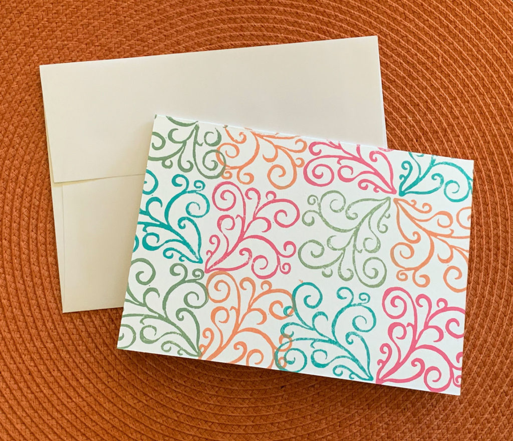 linocut notecard of filligree pattern stamp in many colors