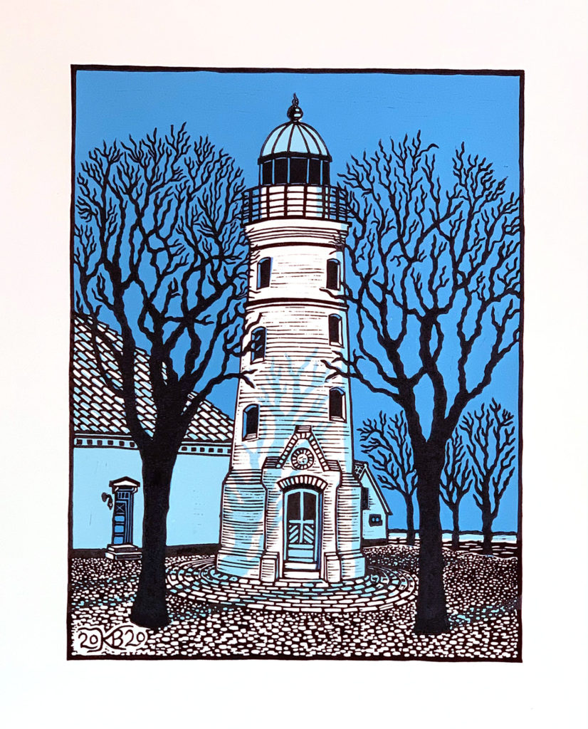 linocut of lighthouse in southern Denmark and bare trees, black and 2 shades of blue