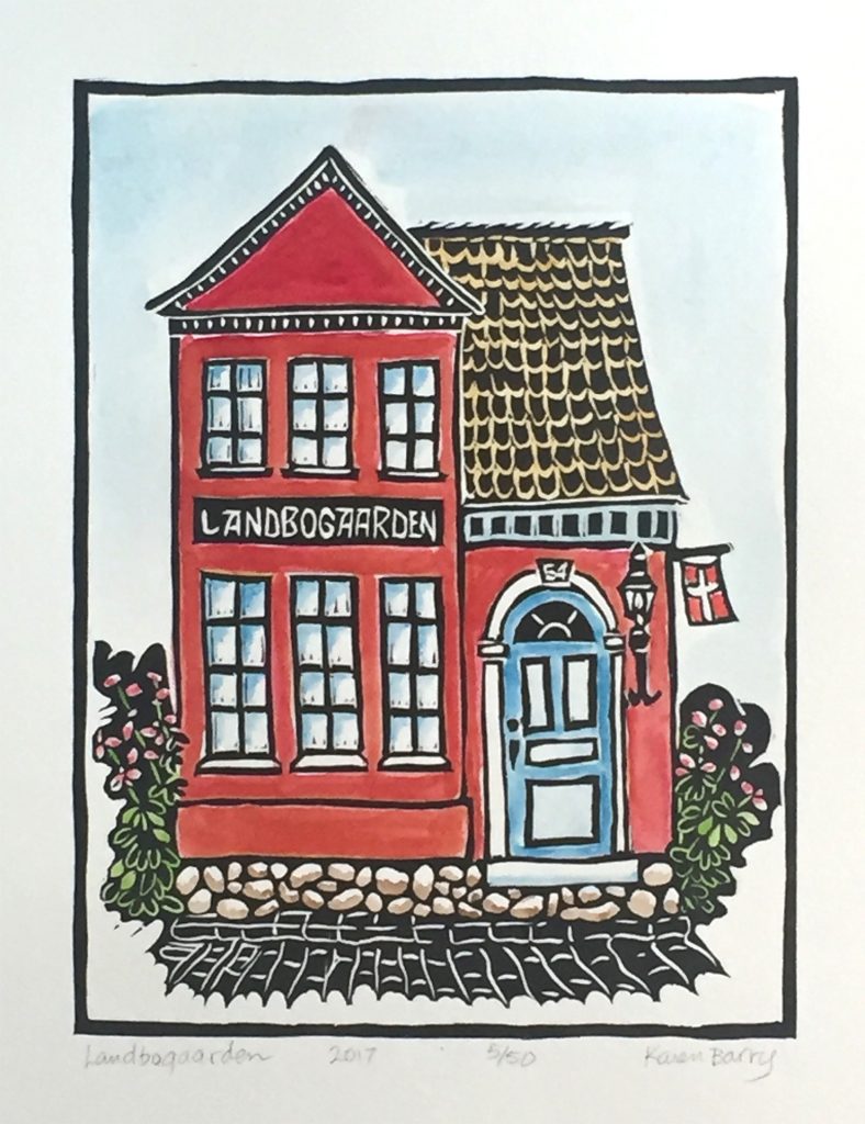 linocut with watercolor of quaint house landbogaarden in aeroskobing denmark