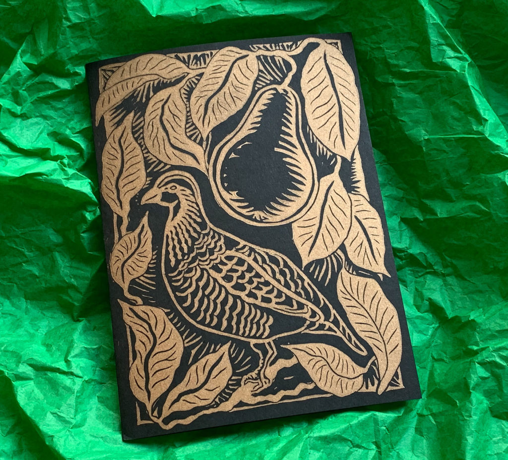 linocut notecard of partridge in a pear tree gold metallic ink