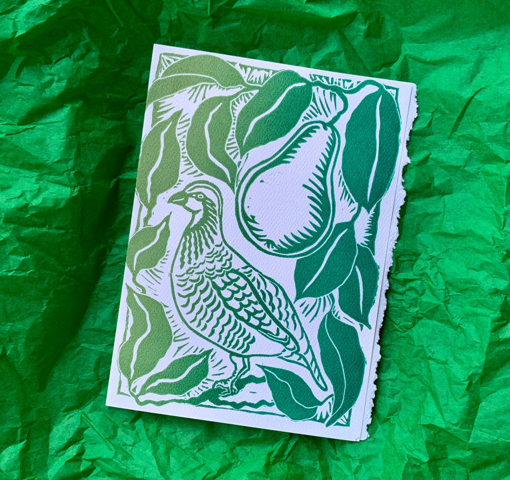 linocut notecard of partridge in a pear tree green gradients