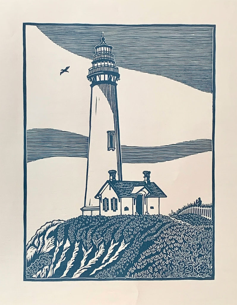 linocut of lighthouse on california coast near pescadero.