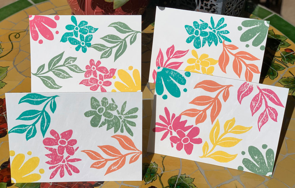 note cards with stamped colorful spring flowers and leaves