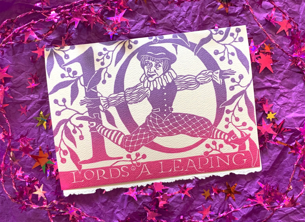linocut note card of ten lords a leaping in violet magenta gradient