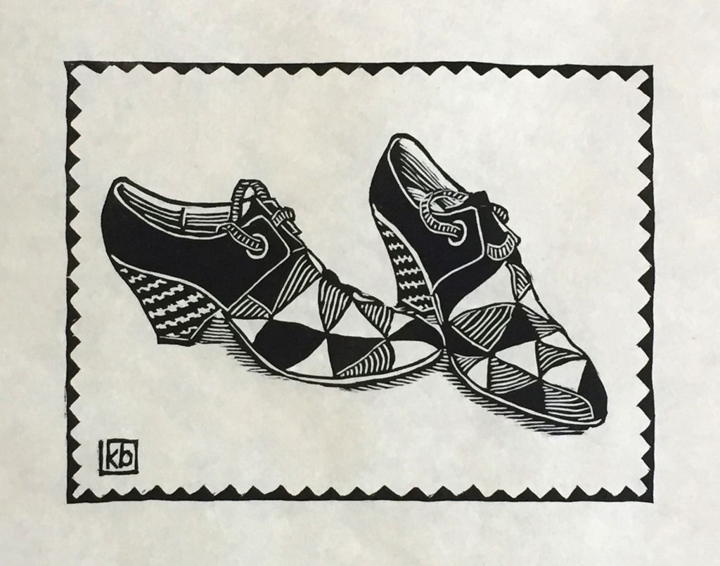 woodcut of woman's black and white geometric shapes Fluevogs shoes