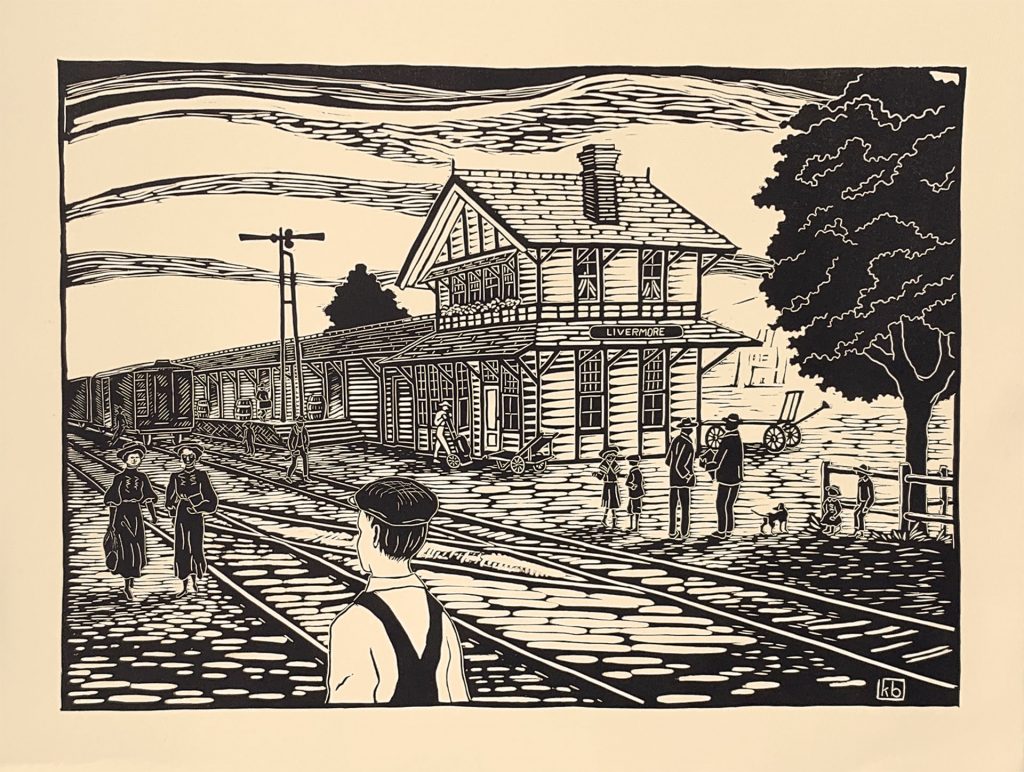 linocut of Livermore train station with people, set in late 19th century