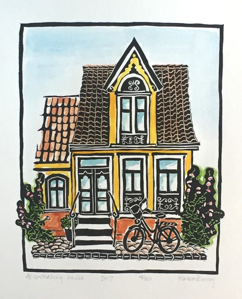 linocut with watercolor of quaint house with bicycle in aeroskobing denmark