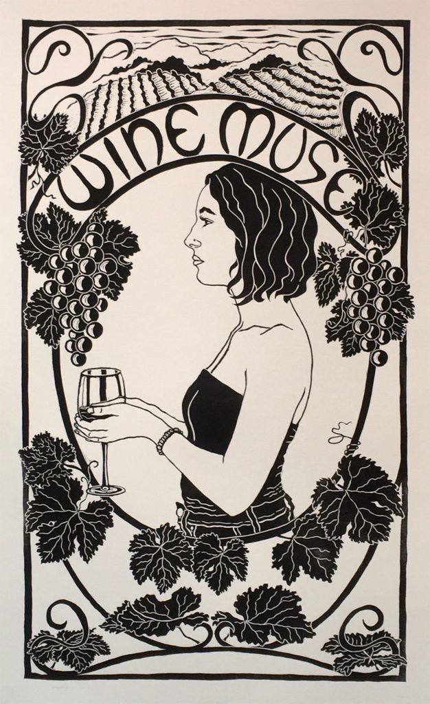 linocut of young woman holding wine glass with border of grapes and leaves and wrought iron