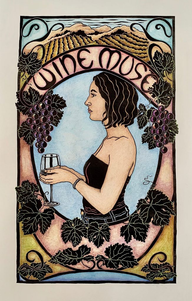 linocut with watercolor of young woman holding wine glass with border of grapes and leaves and wrought iron