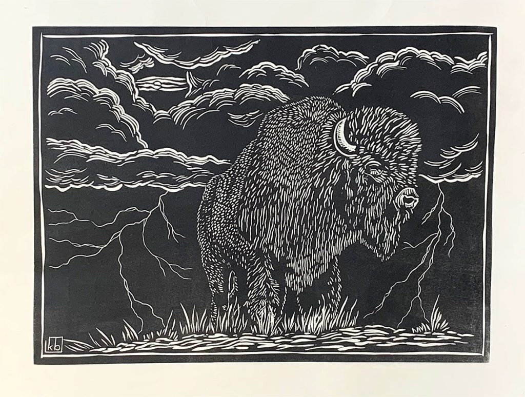 linocut of buffalo in a lightning storm, black and white
