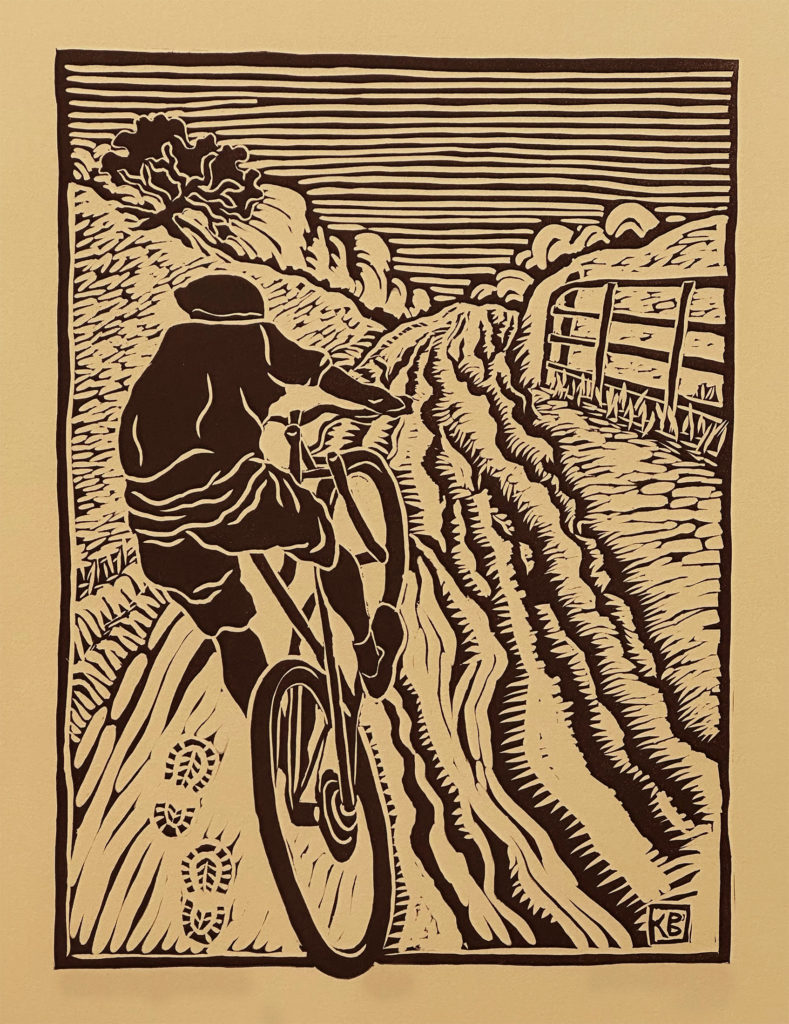 Linocut of mountain biker riding up a steep, rutted dirt trail.