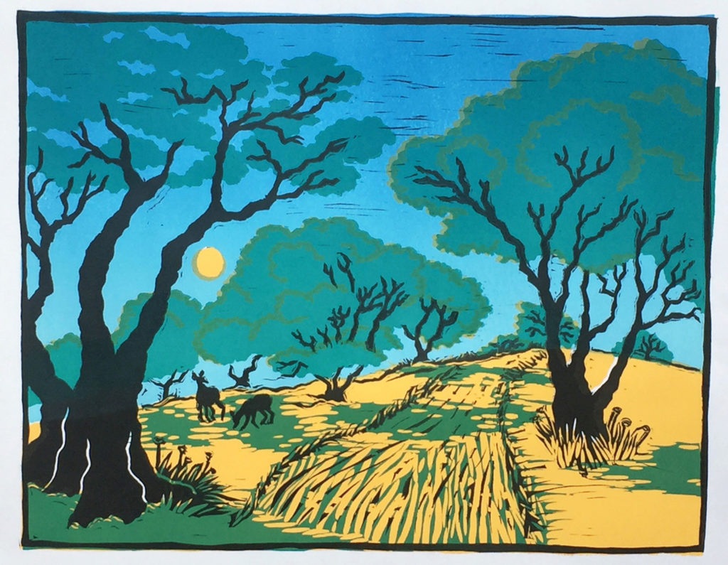 five color linocut of olive grove with two deer in background